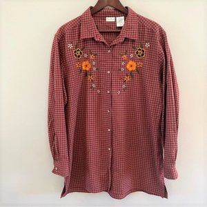 Bobbie Brooks Embroidered Gingham Button Front Top Size XL